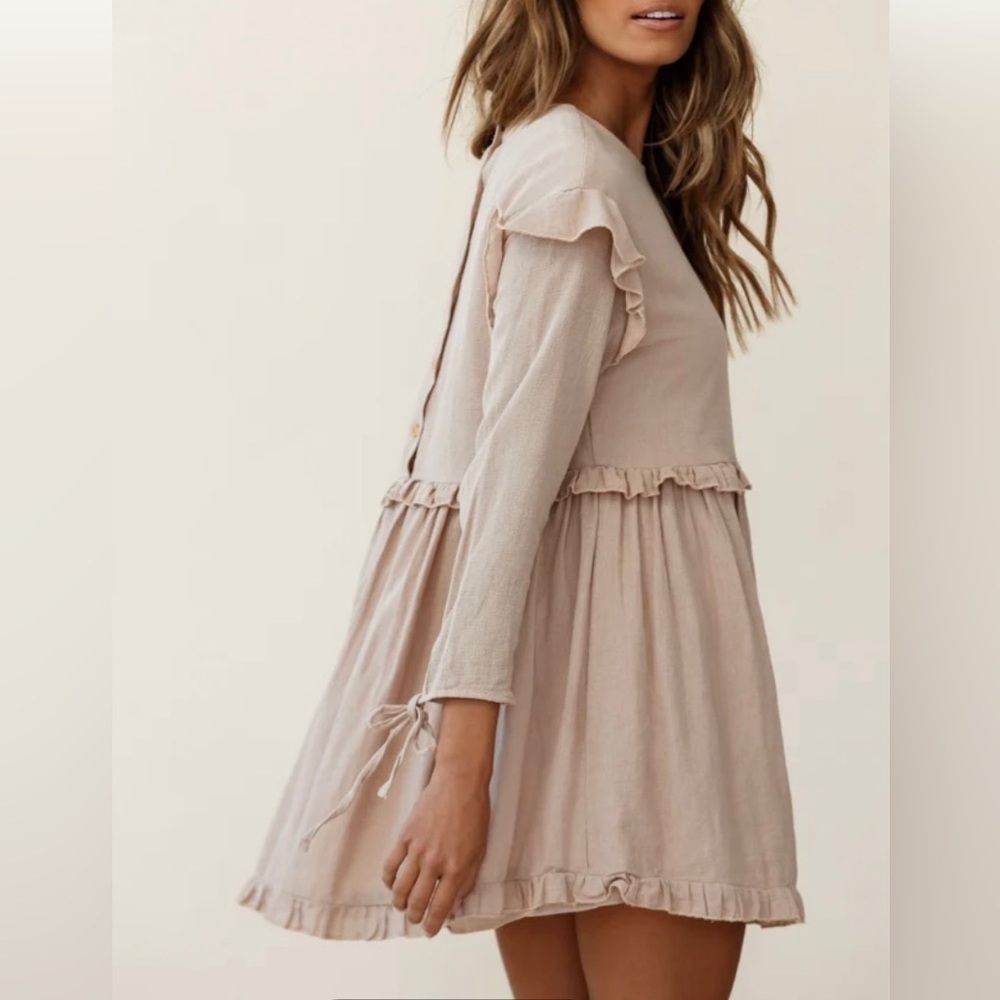 Indikah {Angel Biba} Khaki Color Ruffle Boho Dress Size XS - Picture 2 of 14